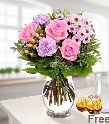 Carnation & Rose Bouquet With Free Ferrero & Vase