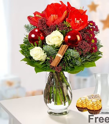 Christmas Arrangement of Red Amaryllis, Roses & Cinammon Stick