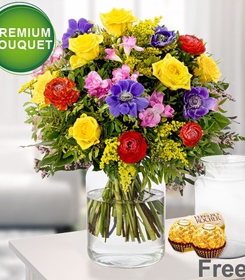 Colorful Seasonal Flower Bouquet with Free Premium Vase and Chocolates