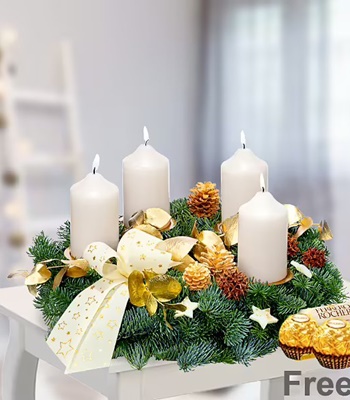 Cream Christmas Centerpiece With Candle & Ferrero Rocher
