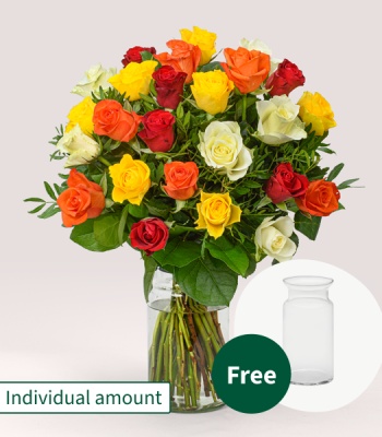 Dozen mixed coloured roses with vase