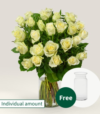 Dozen white roses with vase