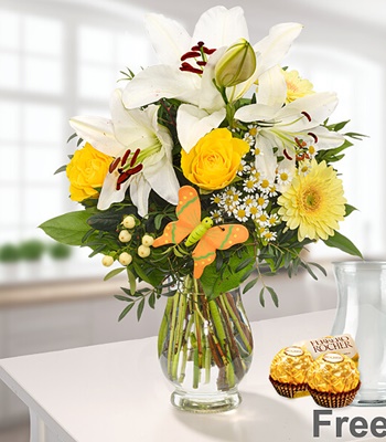 Lily And Rose Bouquet With Yellow And White Seasonal Flowers