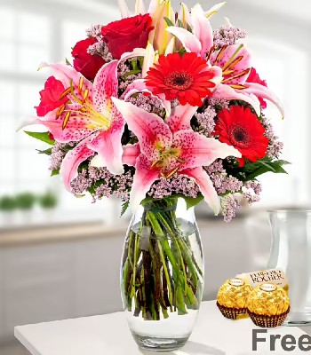 Lily And Rose Bouquet With Mix Seasonal Flowers