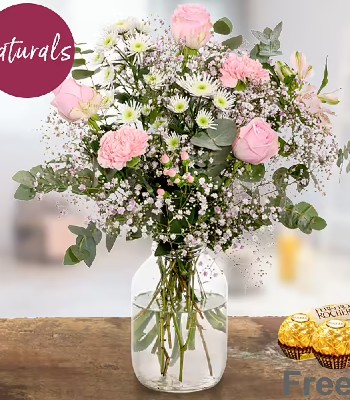 Mix Pink Flower Bouquet With Ferrero Rocher Chocolates