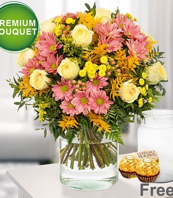 Premium Bouquet Of Seasonal Flowers with Free Vase and Ferrero Rocher