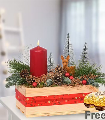 Red Christmas Arrangement In Wooden Box & Chocolates