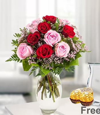 Rose Flower Bouquet - Red & Pink Roses with Free Vase & Ferrero Rocher