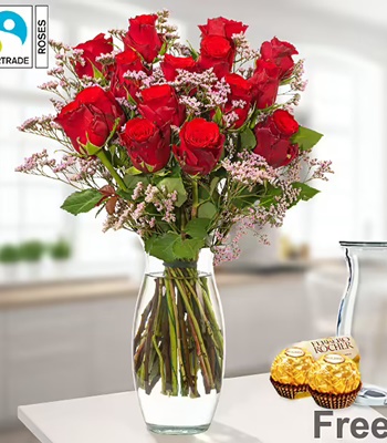 Rose Flower Bouquet - 15 Red Roses with Limonium