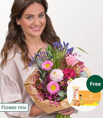 Romantic Pink Rose & Dahlia Flower Mix with Blue Agapanthus