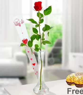 Valentine's Day Single Red Rose With Chocolate And Vase