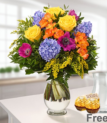 Colorful Flower Arrangement with Free Premium Vase and Ferrero Rocher