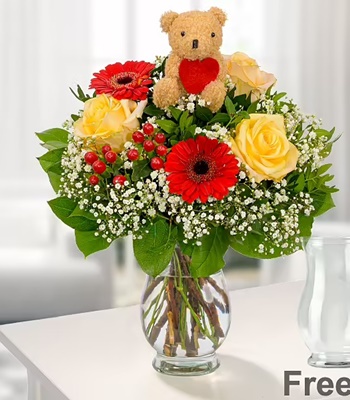 Valentine's Day Bouquet with Teddy & Vase