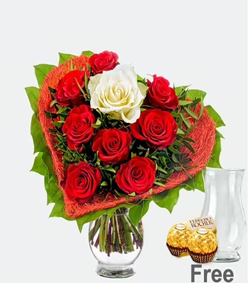 Valentine's Day Red & White Roses - Hear Shape With Free Vase