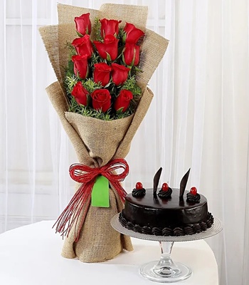 Red Roses & Chocolate Truffle Cake - Dozen Red Roses