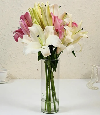 Oriental Lilies In Glass Vase - Pink and White Color