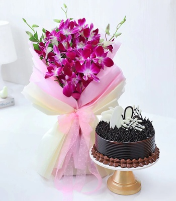 Purple Orchids & Chocolate Cake Combo