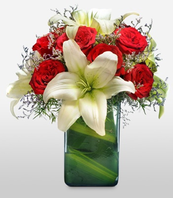 Roses & Asiatic Lilies in Fancy Vase