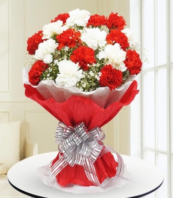White & Red Carnations Arrangement - 28 Stems