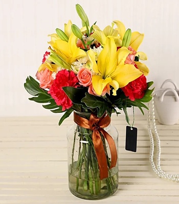 Rose & Lily With Mix Flowers In Vase - Premium Arrangement