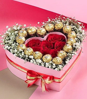 Valentine's Day Chocolate & Roses Heart Shape Arrangement