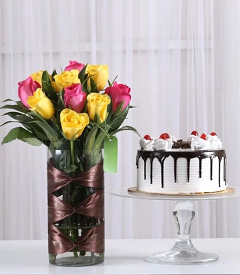 Pink and Yellow Roses With Black Forest Cake - FREE Vase