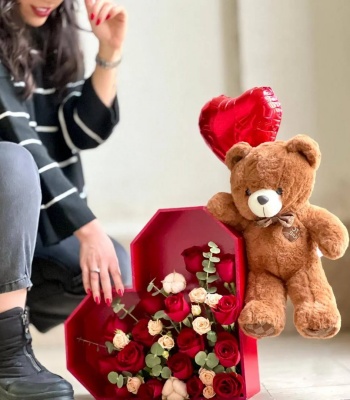 Romantic Teddy, Rose & Heart Box