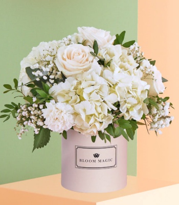 White Hydrangeas and Roses in Hatbox