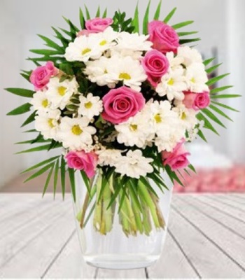 Pink and White Arrangement - Roses and Chrysanthemums with Greens