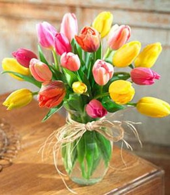 Assorted Tulips in Glass Vase