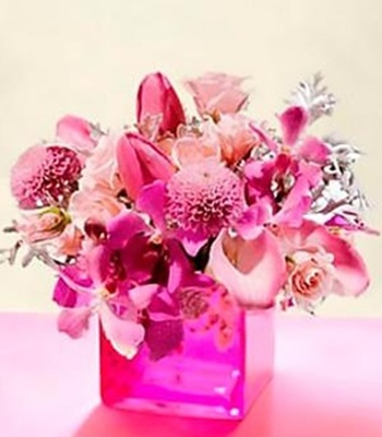 Pink Flowers in Glass Cube