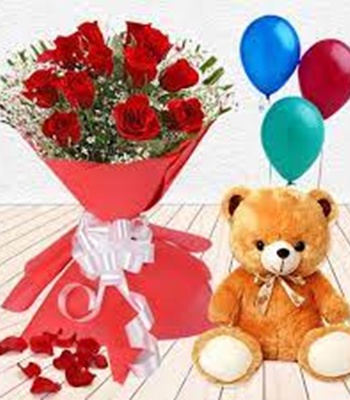 Red Roses with Teddy Bear & Balloon