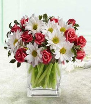 Rose And Daisy Flowers in Glass Vase