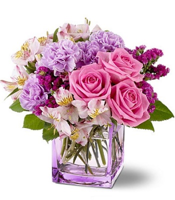 Fresh Flower Arrangement with Pink Roses, Alstroemeria & Purple Accents