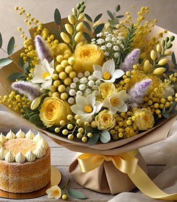 International Women's Day Gift Set - Mimosa Bouquet with Yellow Roses, Freesia & Mimosa Cake