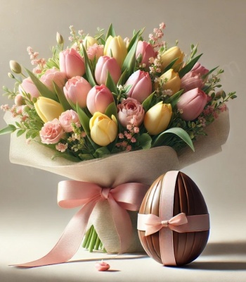 Spring Easter Gift - Fresh Tulips with Handmade Chocolate Easter Egg