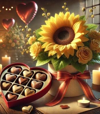 Valentine's Day Gift Set - Sunflowers, Yellow Roses & Heart-Shaped Chocolates