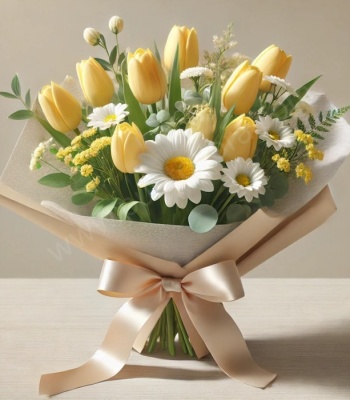 Yellow Tulip & White Daisy Bouquet - Fresh Spring Flower Gift