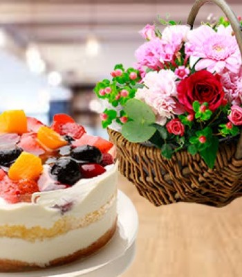 Fruit Cake and Pink Flowers Basket
