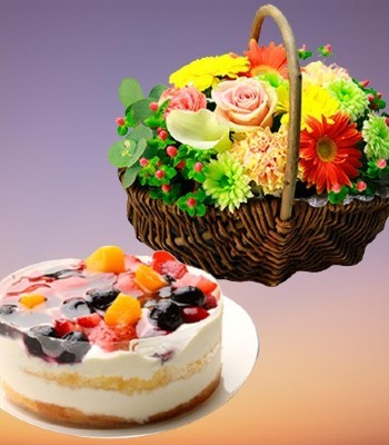 Fruit Cake and Yellow Flowers Basket