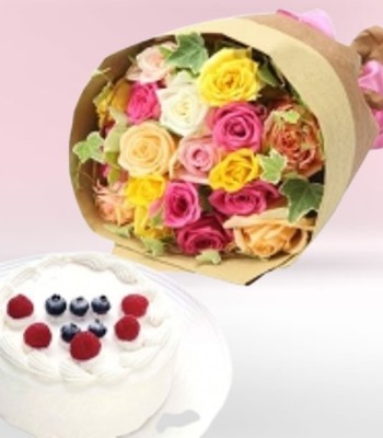 Rose and Cake Bouquet - Gateau Fraise Cake with Mix Color Roses
