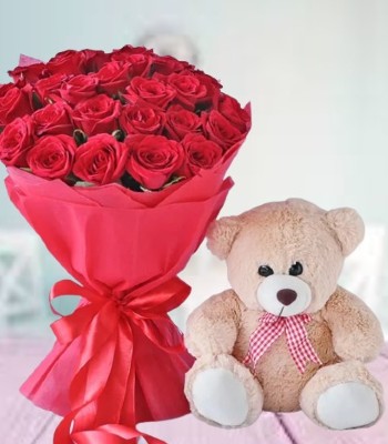 Dozen Red Roses with Teddy Bear