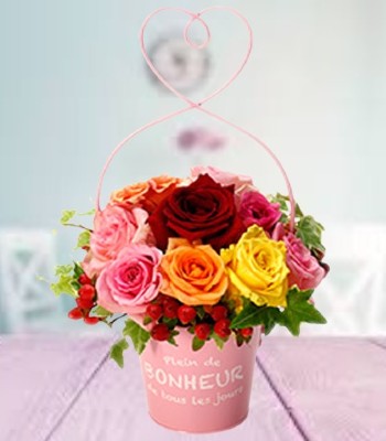 Mix Colored Arranged in Beautiful Pink Basket