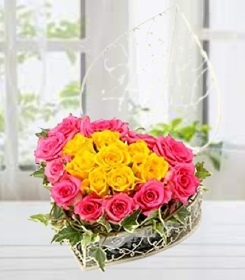 Pink and Yellow Roses in Romantic Heart Shaped Basket