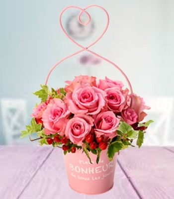 Pink Rose Arranged in Beautiful Pink Basket