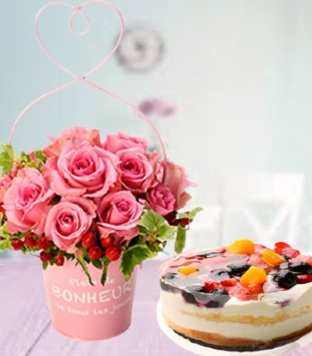Pink Rose with Berries & Cream Torte Cake