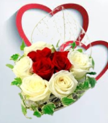 Red and White Roses in Romantic Heart Shaped Basket