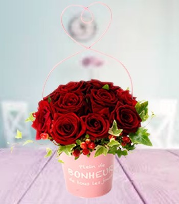 Deep Love Red Rose Arranged in Beautiful Pink Basket