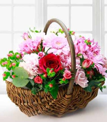 Natural Basket - Roses and Seasonal Flowers in Basket