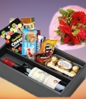 Sparkling Juice With Sweets Box And Flower Bouquet